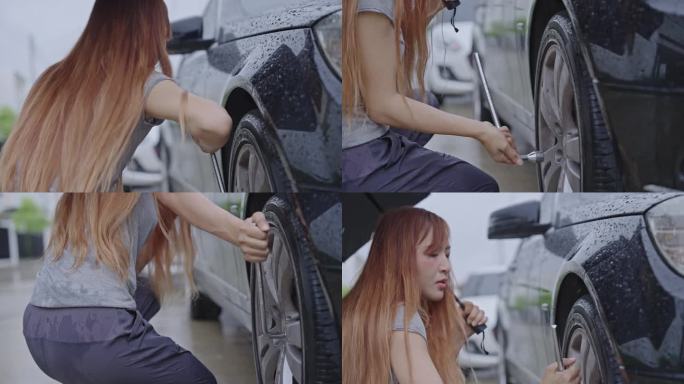 一个女人的汽车轮胎有问题，所以她试着在雨中修理它