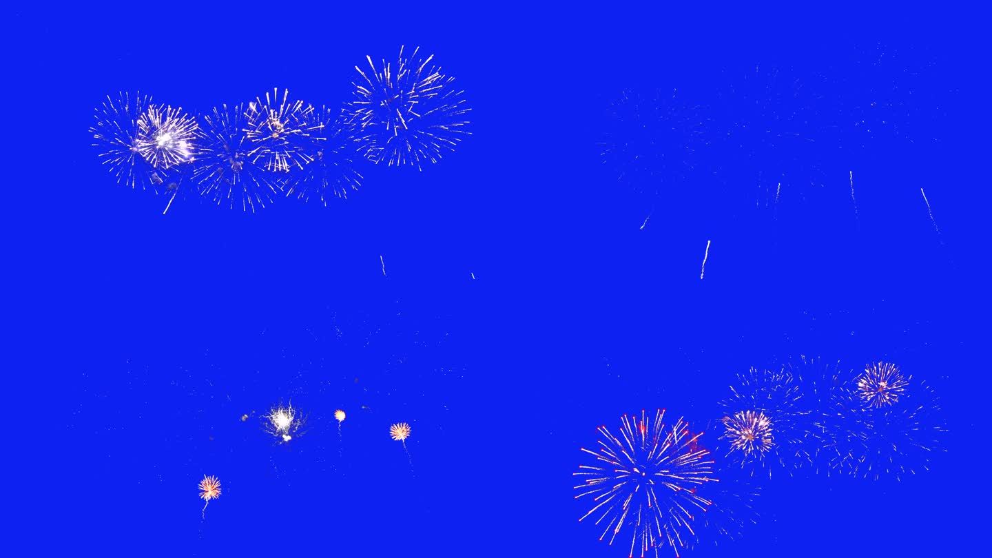 摘要:真实的烟花在蓝屏色度键背景下，7月4日独立日和新年前夕2024的概念。高品质的4k彩色慢动作电