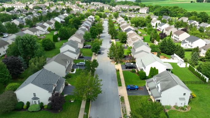 一个美国的郊区社区延伸开来，整齐的房子排列在道路两旁，汽车停在那里，绿树成荫的草坪。天线倾斜向上显示