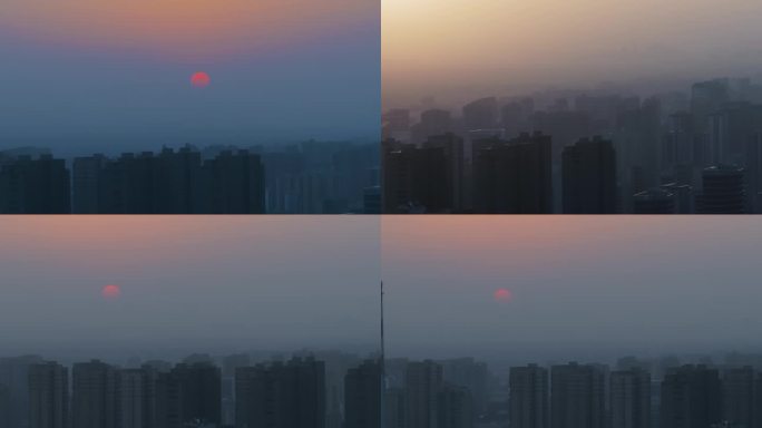 城市高楼雾霾夕阳空镜