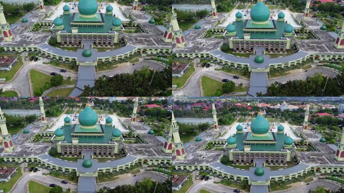 空中4k视频的安努尔大清真寺，北干巴鲁，廖内省，印度尼西亚蓝天。