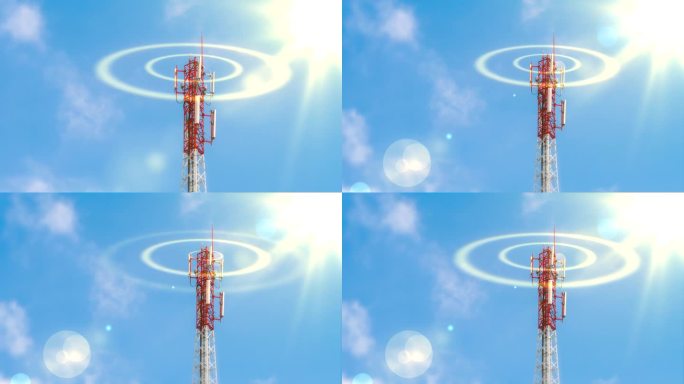 无线电发射塔在蓝天上的信号传输。天线通信传输波浪线作为连接信号。4K视频