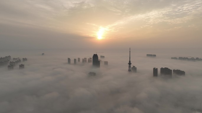 航拍海门电视塔云雾缭绕 城市宣传