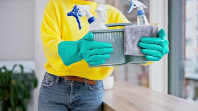 人、手或室内清洁篮进行卫生常规、污垢或细菌消毒。水桶，容器或化学产品在家庭客厅的家政服务，灰尘或细菌