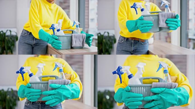 人、手或室内清洁篮进行卫生常规、污垢或细菌消毒。水桶，容器或化学产品在家庭客厅的家政服务，灰尘或细菌
