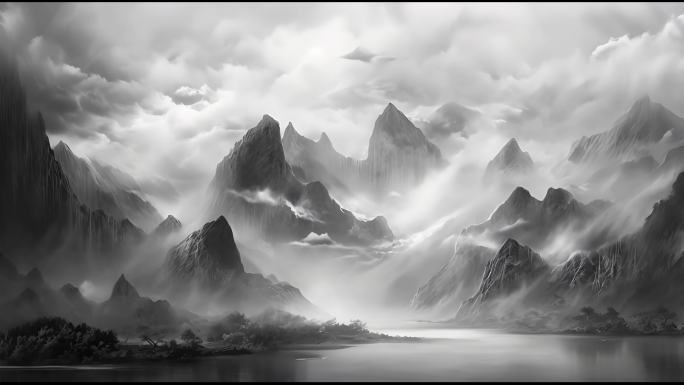 黑白画山脉和云雾的动画