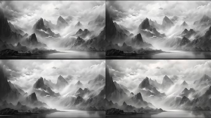 黑白画山脉和云雾的动画