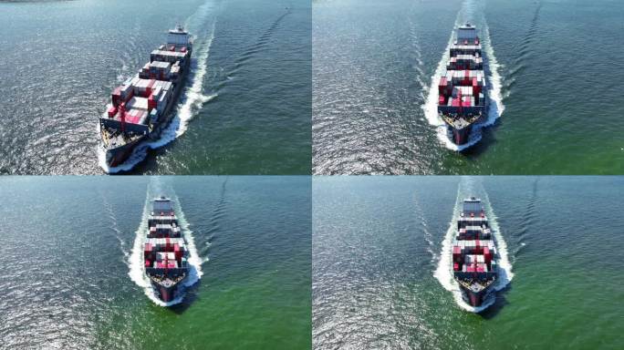 海运集装箱船的前船视图与航迹装载集装箱和运行为出口的概念技术由船舶代理桅杆货运