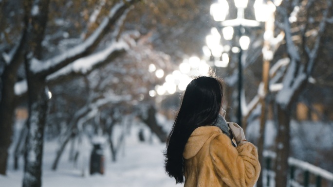 4k下雪哈尔滨美女雪中行走栈道路灯夜景