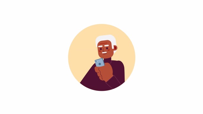 留着胡子的非裔美国老人看着手机的2D化身动画