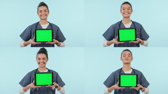 快乐的女人，护士和平板电脑，绿屏广告的模型，背景是工作室。女性的肖像，医生或医疗保健工作者与技术，应