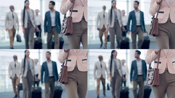 在机场旅行、飞机飞行和候机楼门口旅行时，身体或商务女性带着包走路。特写，行李或企业家在旅途中，国际运