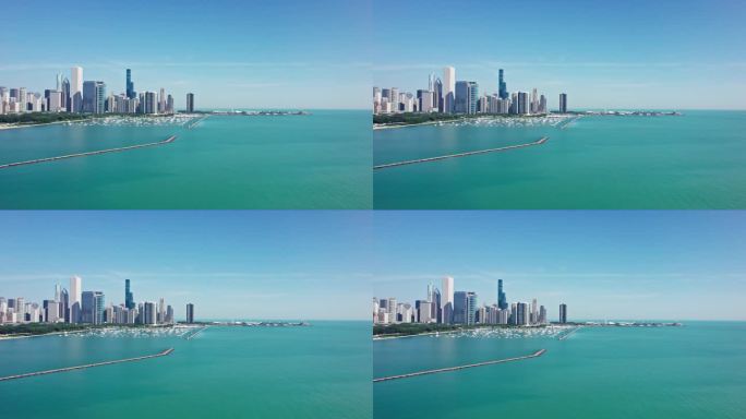 从密歇根湖上空无人机俯瞰芝加哥