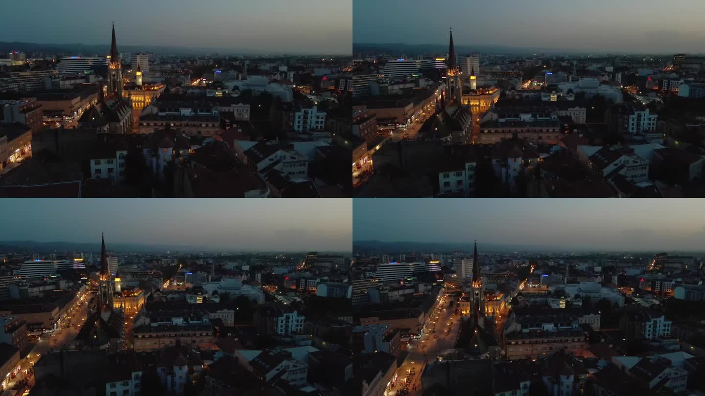 黄昏时分从空中俯瞰诺维萨德市中心