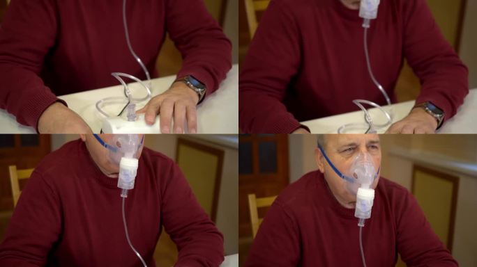 一位老人通过氧气面罩吸气，望向天空。一个男人在家做呼吸手术。摄像机在特写镜头中移动。4 k