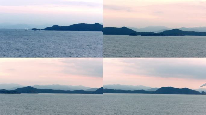 夕阳朝霞下的平静海面海岛出海口实景环拍