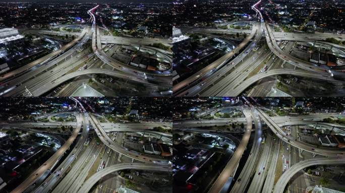 夜间洛杉矶市中心边缘10/110立交的轨道航拍照片