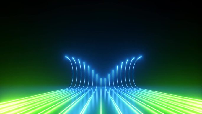 循环3d动画。抽象的动画背景，绿色的蓝色霓虹灯发光的线条沿着弯曲的路径快速滑动