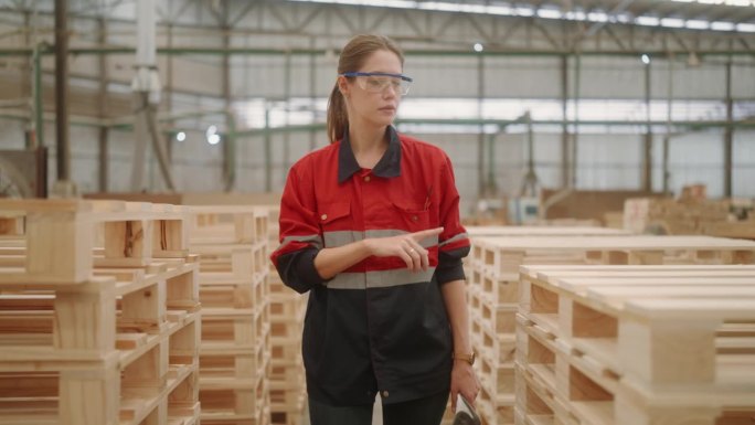 高加索女性木工专业人员在木材厂检查库存。