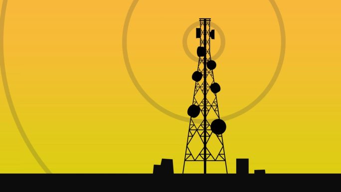 无线电发射塔在蓝天背景下发射电波信号动画。无线通信站的电波传输