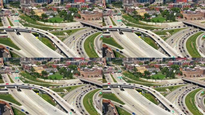 汽车和卡车在路上开车在高速公路上在明尼阿波利斯,明尼苏达州,美国。空中无人机拍摄回调