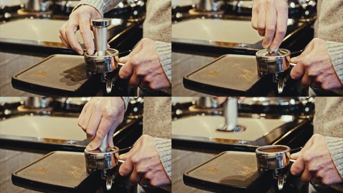 将咖啡粉倒入咖啡过滤机