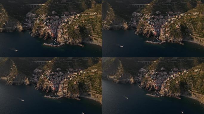无人机拍摄的意大利五渔村神奇的海滨小镇Riomaggiore，它是迪士尼电影的灵感来源，坐落在意大利