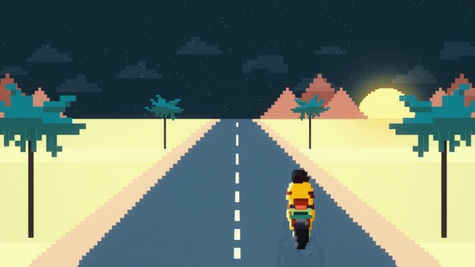 80年代复古无缝循环与摩托车欢乐骑行。骑VJ视频游戏景观，风格化的摩托车复古2D动画背景。4 k