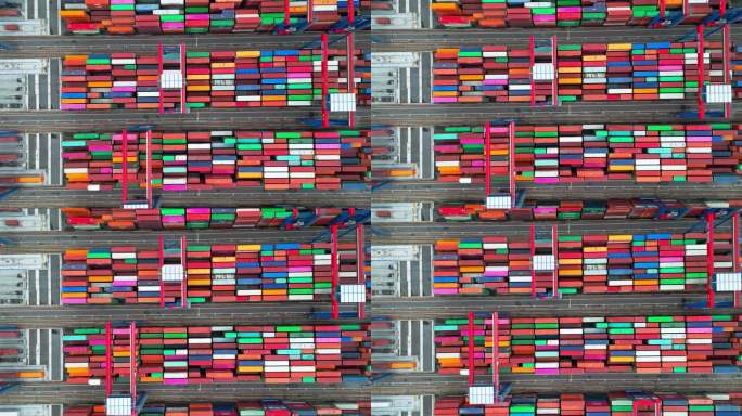 鸟瞰图实时拍摄的汉堡港货物转运枢纽和集装箱运输，集装箱堆叠，汉堡，德国