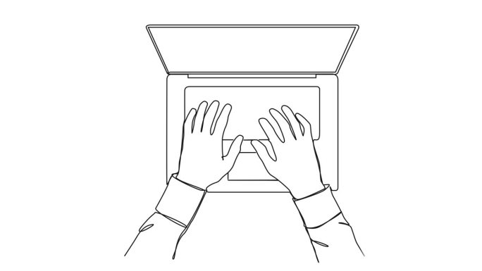 手在笔记本电脑键盘上打字的动画单线绘图
