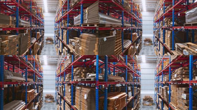 工厂仓库货架上的商品包装纸箱。无人机航拍角度，飞行角度高。物流行业业务，工业工作生涯，工厂工作环境概