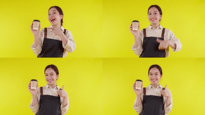 肖像年轻的亚洲咖啡师女士穿着围裙拿着咖啡杯，拇指向上，黄色背景，服务员或企业家拿着咖啡兴奋，小企业或
