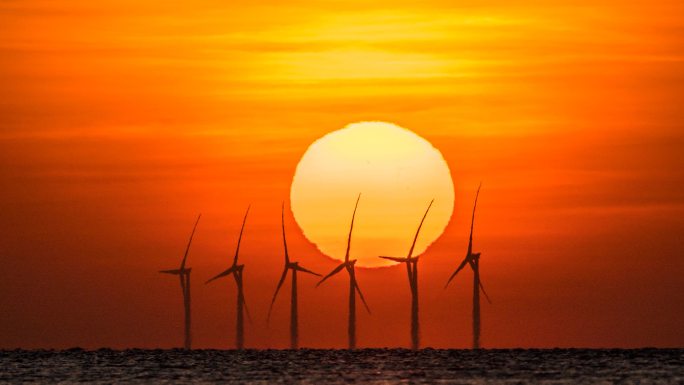 海上风力发电海上风电场海面欧米伽日出延时