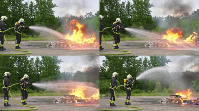 消防队员与火焰搏斗以控制火势不向外蔓延。消防员的工业和公共安全理念。交通或汽车事故的救援和帮助行动。