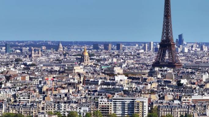 城市中心与热门旅游地标的空中上升镜头。埃菲尔铁塔、荣军院、万神殿等景点。法国巴黎