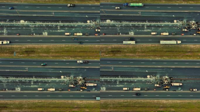 北卡罗莱纳州道路施工期间交通超限。公路混凝土加固和中心车道扩建。前视图。航拍镜头与平移相机运动