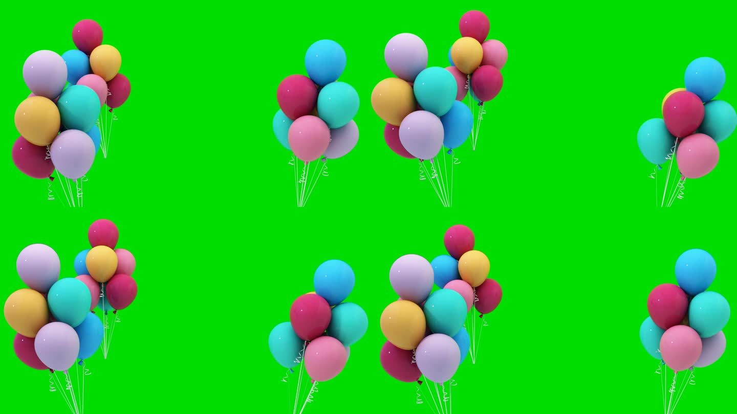 绿色屏幕上的彩色气球用于装饰、节日、庆祝活动或新年活动。气球慢慢地上下浮动和旋转。3d渲染动画4k