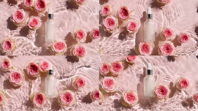 玻璃化妆瓶和粉色玫瑰花。缓慢运动的海浪。清澈的水与反射，折射阳光和阴影。天然的化妆品。设计、广告样品