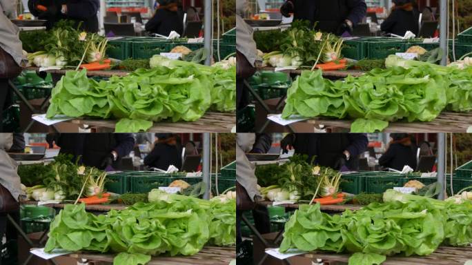 露天市场。买卖双方背景上有各种青菜、沙拉、根、茎。