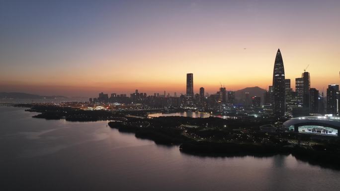 深圳南山区深圳湾建筑群夜景晚霞航拍