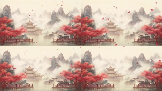 4k中国风意境水墨红叶花瓣飘落背景④