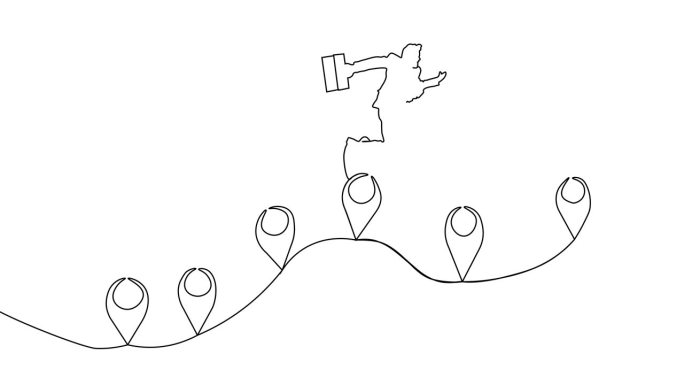 商人跳过位置路。路线图和专业人士绘制单线动画。旅程、成就和工作流程创意概念