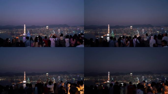 香港太平山山顶公园游客看夜景延时香港风景