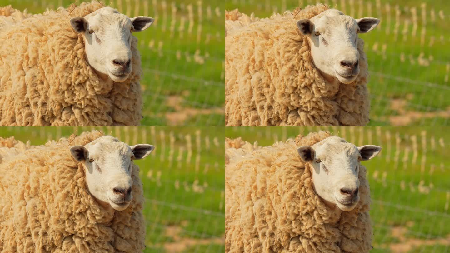 可爱的绵羊在乡村农场田野乡村。特写镜头里可爱毛茸茸的小羊，看着镜头，慢动作的动物肖像。畜牧业，环境，