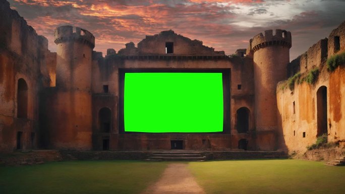 傍晚古建筑墙上大窗户的绿幕或色度键。