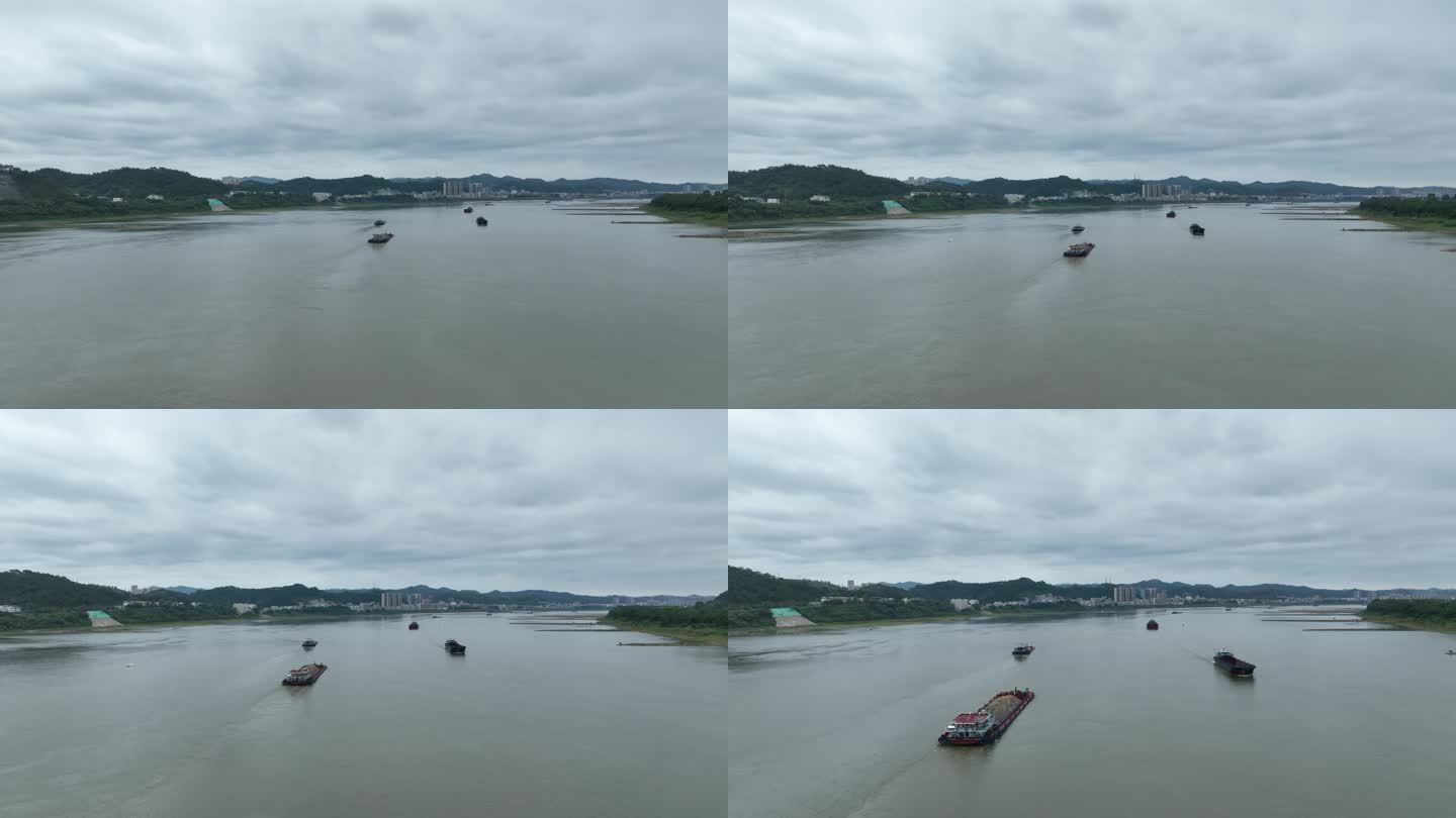 航拍江面货船船只繁忙港口广西梧州山水