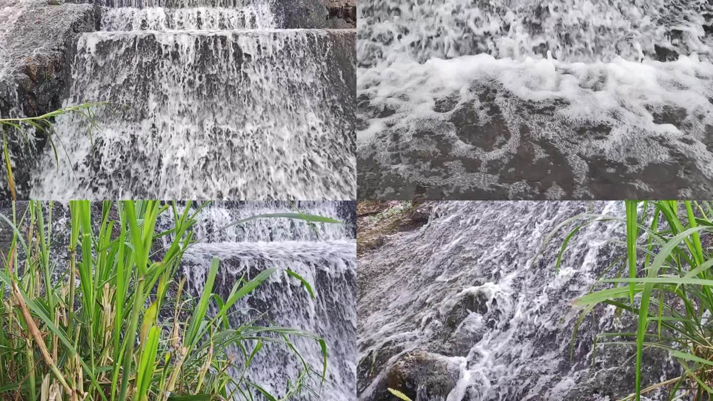 流水潺潺瀑布流水声水坝水流下田间流水水声