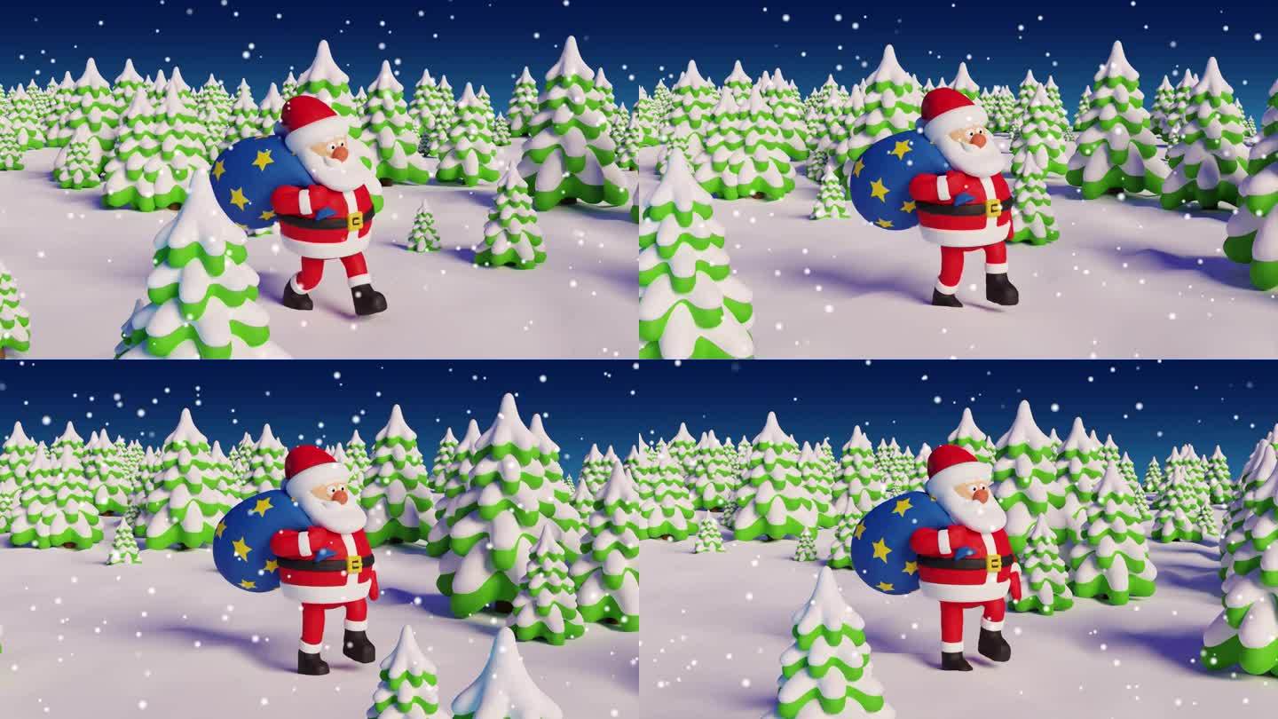 圣诞老人带着礼物袋走在有圣诞树的白雪皑皑的森林里