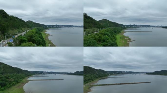 航拍广西梧州西江河流马路珠江夏天