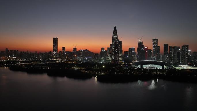 深圳南山区深圳湾建筑群夜景晚霞航拍